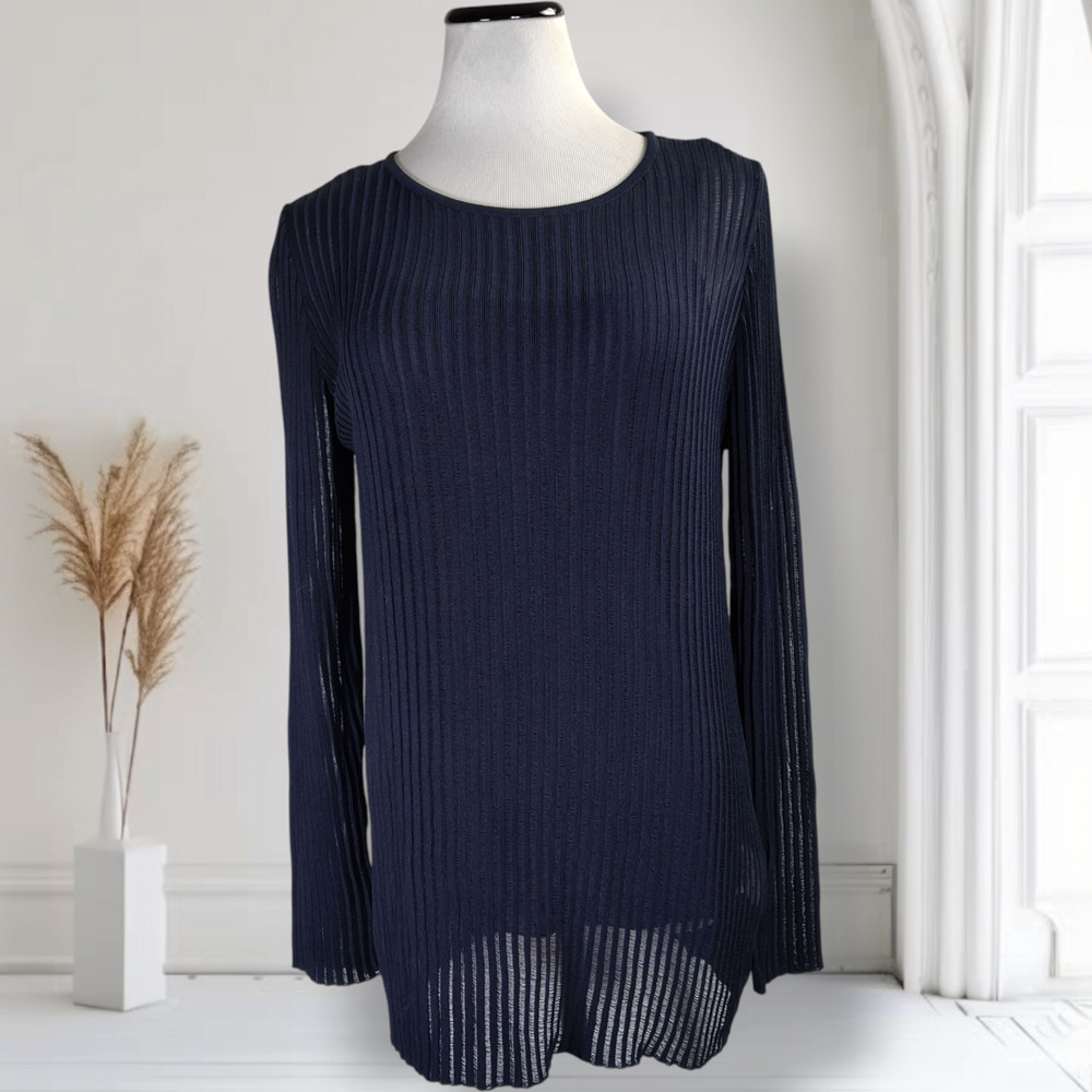 Escada Midnight Blue Sheer Rib Knit Top Long Sleeve Layered Tunic Size L